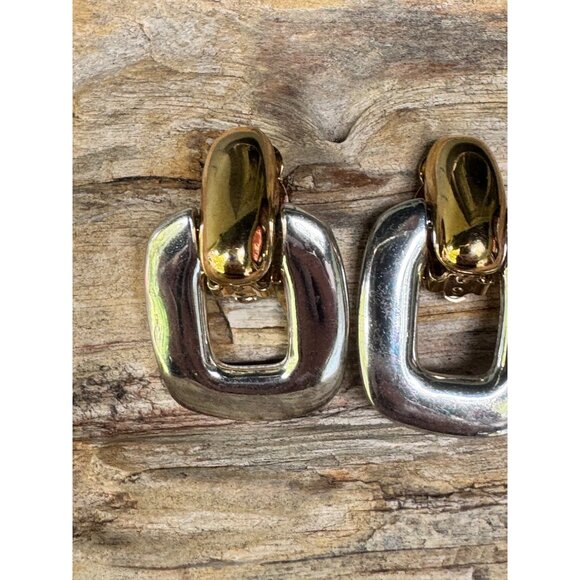 Vintage Givenchy Two-Tone Clip-On Earrings Gold & Silver Geometric Design Statem - Picture 2 of 7